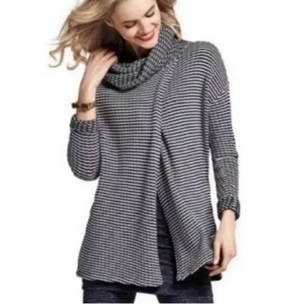 CAbi Sweater Womens Small Black White Fergie Split Front Back Cowl Neck Pullover